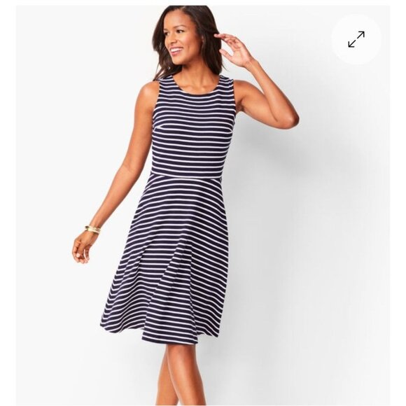 Talbots Dress Small Navy White Stripe Edie Fit Flare Preppy Nautical Pockets - Picture 1 of 9